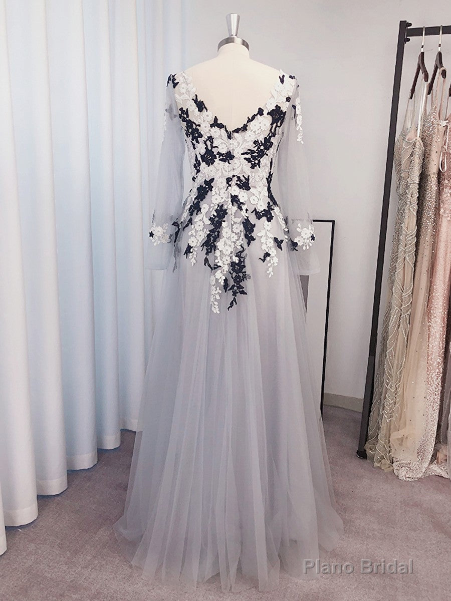 A-line V-neck Long Sleeves Appliques Lace Floor-Length Tulle Dress Secondary image