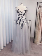 A-line V-neck Long Sleeves Appliques Lace Floor-Length Tulle Dress