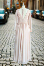 A-Line V-Neck Long Sleeves Long Chiffon Bridesmaid Dresses With Split Side Pockets