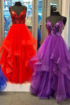 A-line V-Neck Mirror-Cut Sequins Ruffle Layers Long Formal Prom Dresses