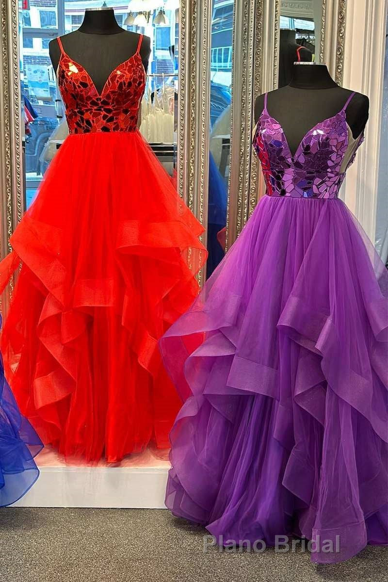 A-line V-Neck Mirror-Cut Sequins Ruffle Layers Long Formal Prom Dresses