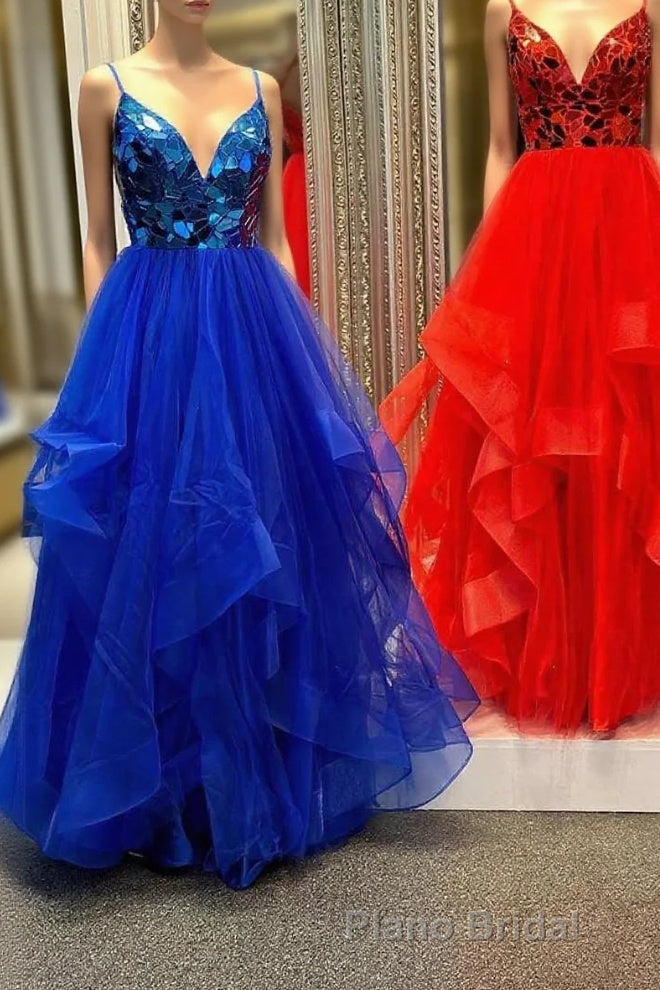 A-line V-Neck Mirror-Cut Sequins Ruffle Layers Long Formal Prom Dresses
