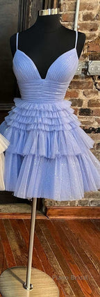 A-Line V-Neck Multi-Tiered Short Party Dresses,Light Pink Cocktail Dresses Short