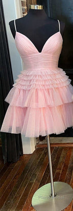 A-Line V-Neck Multi-Tiered Short Party Dresses,Light Pink Cocktail Dresses Short