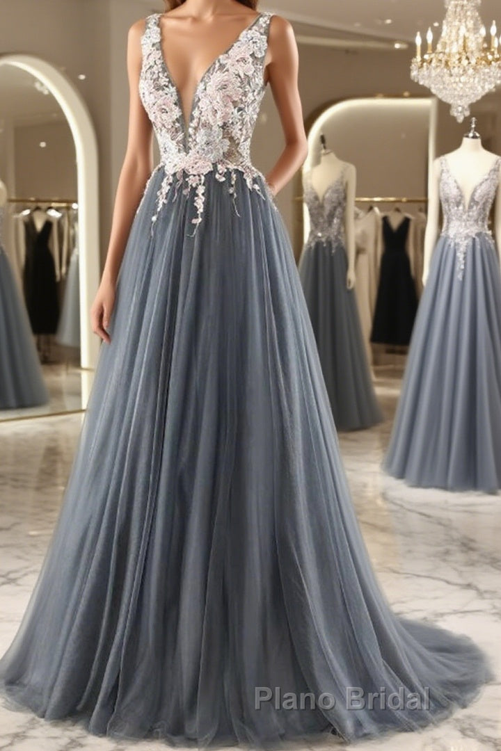 A Line V Neck Open Back Appliques Gray Long Formal Prom Dresses, V Neck Grey Formal Dresses, Gray Evening Dresses Main image