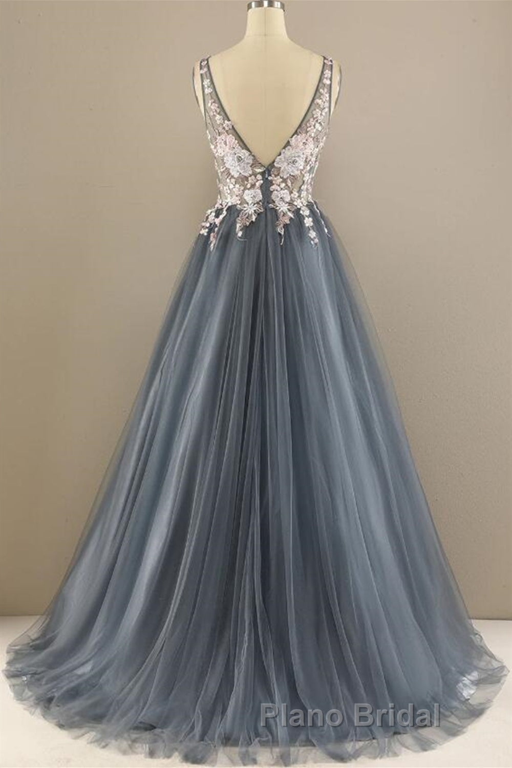 A Line V Neck Open Back Appliques Gray Long Formal Prom Dresses, V Neck Grey Formal Dresses, Gray Evening Dresses Secondary image