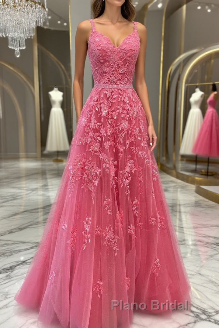 A Line V Neck Open Back Beaded Hot Pink Lace Long Formal Prom Dresses, Hot Pink Lace Formal Graduation Evening Dresses Main image
