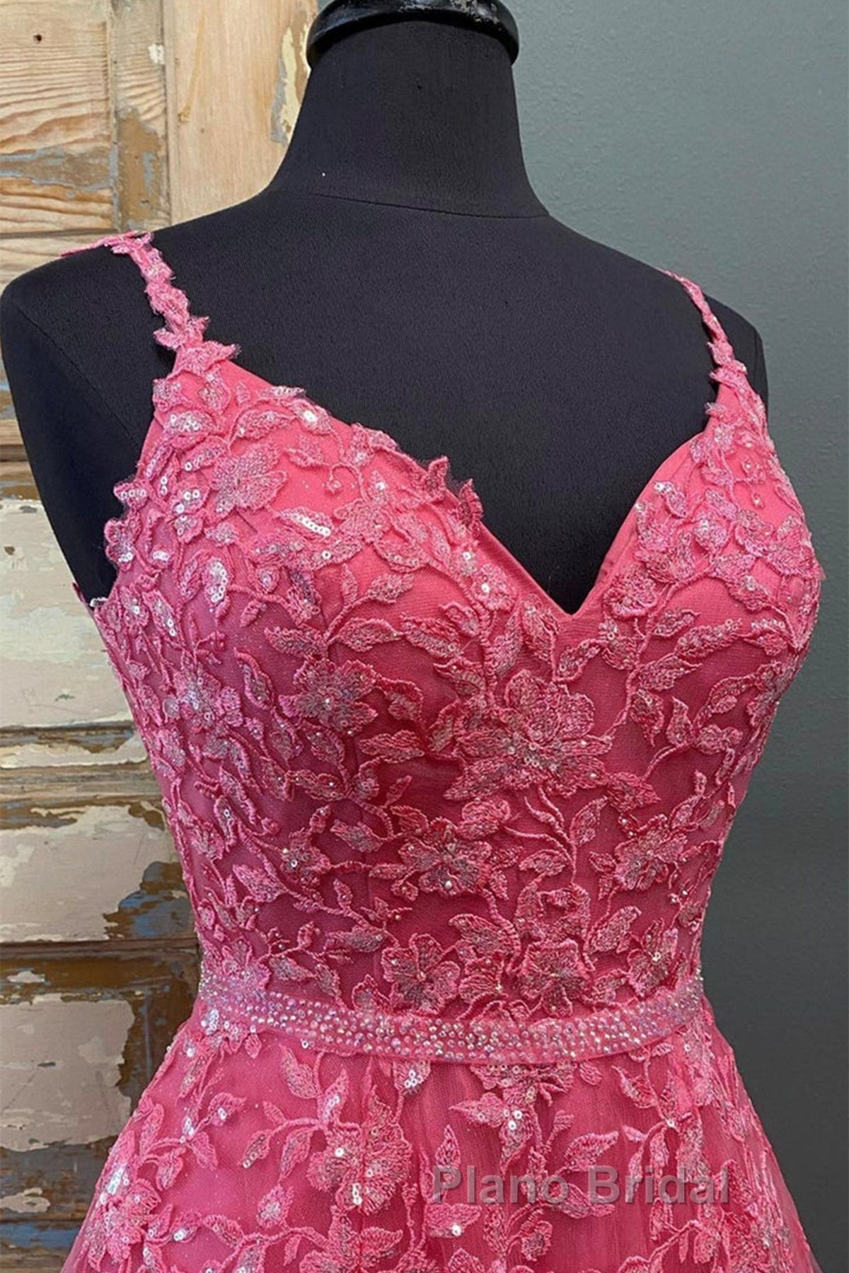 A Line V Neck Open Back Beaded Hot Pink Lace Long Formal Prom Dresses, Hot Pink Lace Formal Graduation Evening Dresses