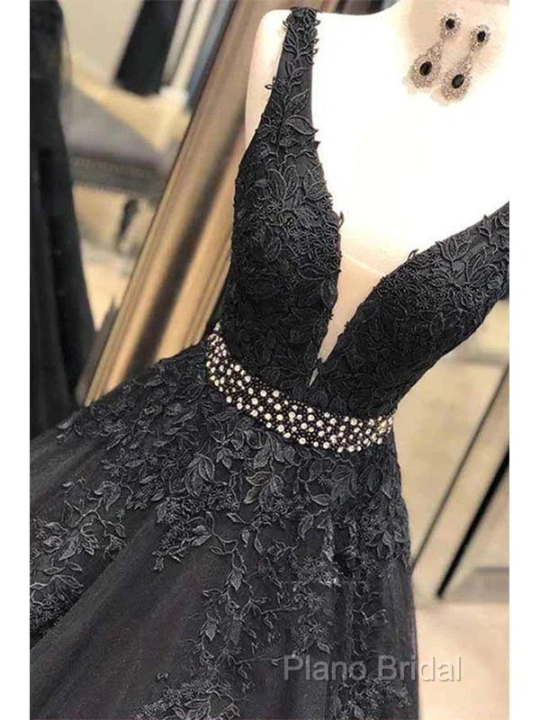 A-Line V-Neck Open Back Black Lace Long Formal Prom Dresses Formal Dresses With Beading, Secondary image