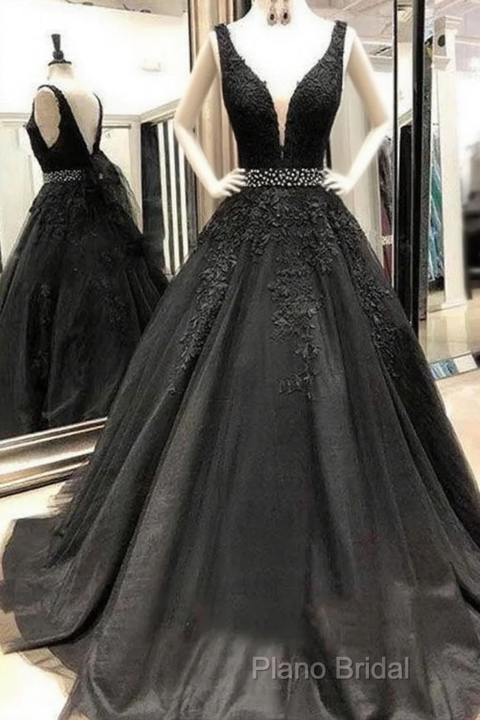 A-Line V-Neck Open Back Black Lace Long Formal Prom Dresses Formal Dresses With Beading, Main image