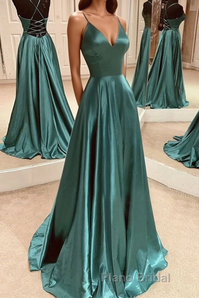 A Line V Neck Open Back Emerald Green Satin Long Formal Prom Dress, Backless Emerald Green Formal Graduation Evening Dress