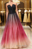 A Line V Neck Open Back Ombre Long Formal Prom Dress, Backless Ombre Formal Graduation Evening Dress