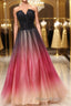 A Line V Neck Open Back Ombre Long Formal Prom Dress, Backless Ombre Formal Graduation Evening Dress