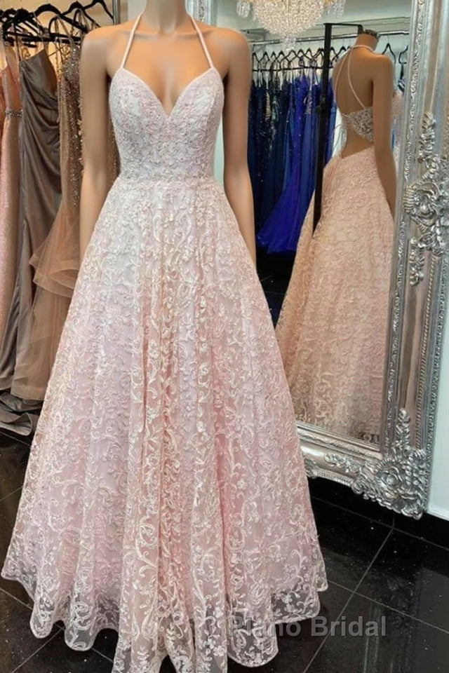A Line V Neck Open Back Pink Lace Long Formal Prom Dress, Pink Lace Formal Graduation Evening Dress Main image