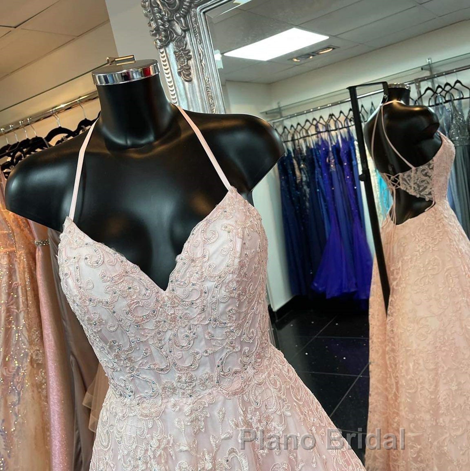 A Line V Neck Open Back Pink Lace Long Formal Prom Dress, Pink Lace Formal Graduation Evening Dress Secondary image