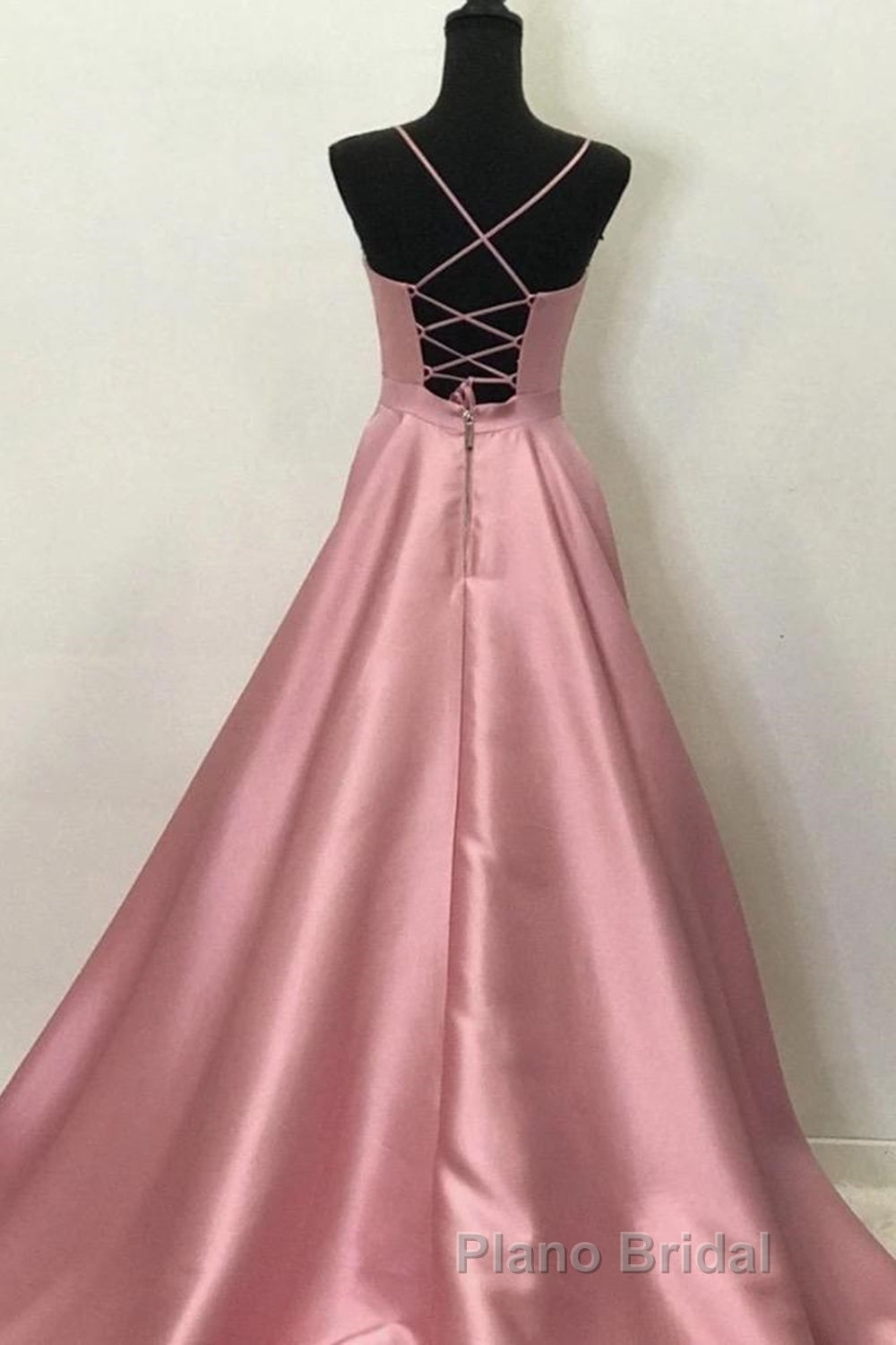 A Line V Neck Open Back Pink Satin Long Formal Prom Dresses, Open Back Pink Formal Graduation Evening Dresses Secondary image
