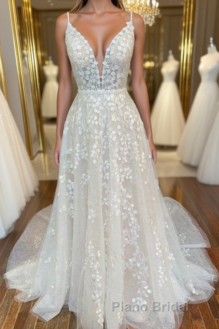 A Line V Neck Open Back White Lace Long Formal Prom Dress, V Neck White Lace Formal Dress, White Lace Evening Dress