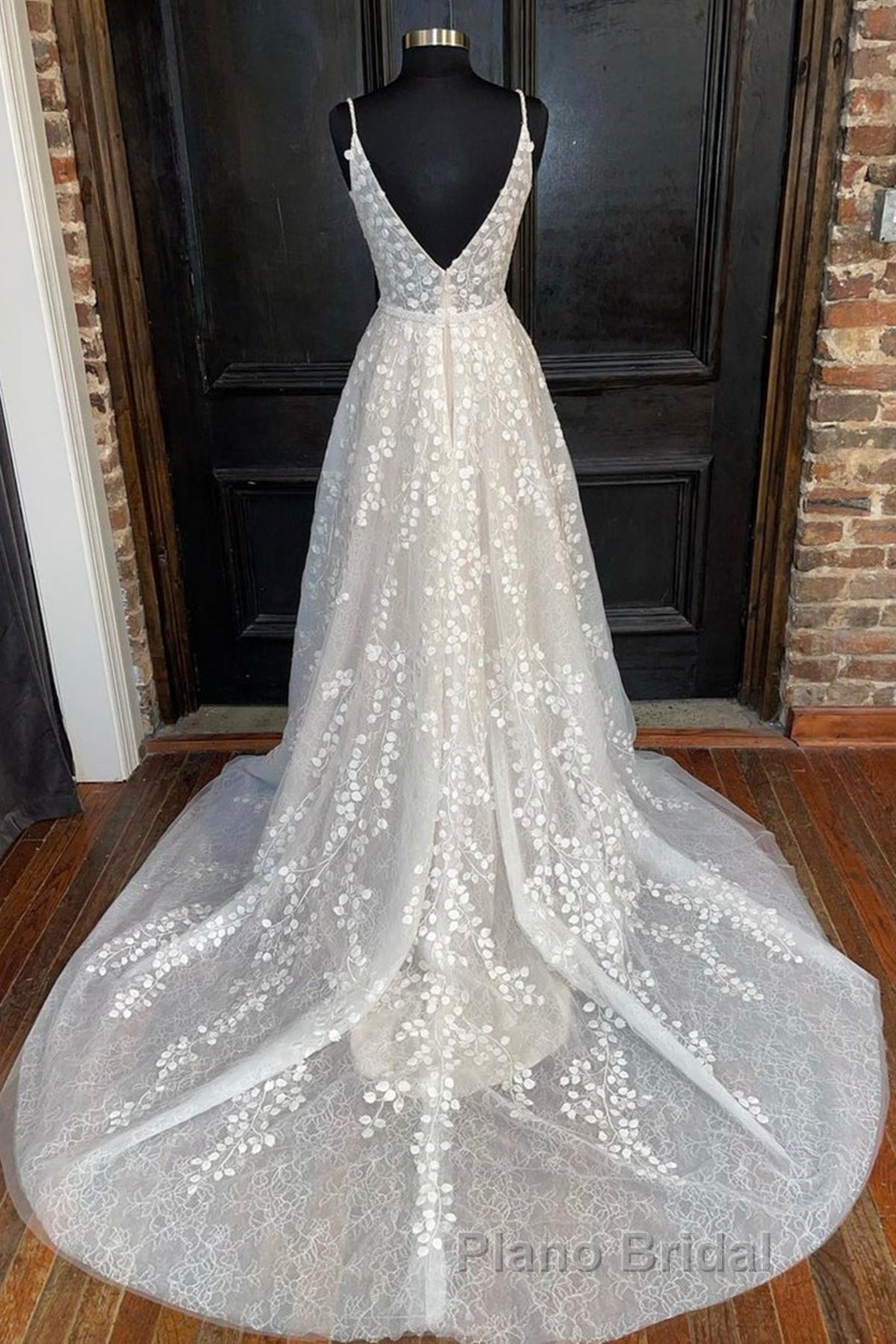A Line V Neck Open Back White Lace Long Formal Prom Dress, V Neck White Lace Formal Dress, White Lace Evening Dress