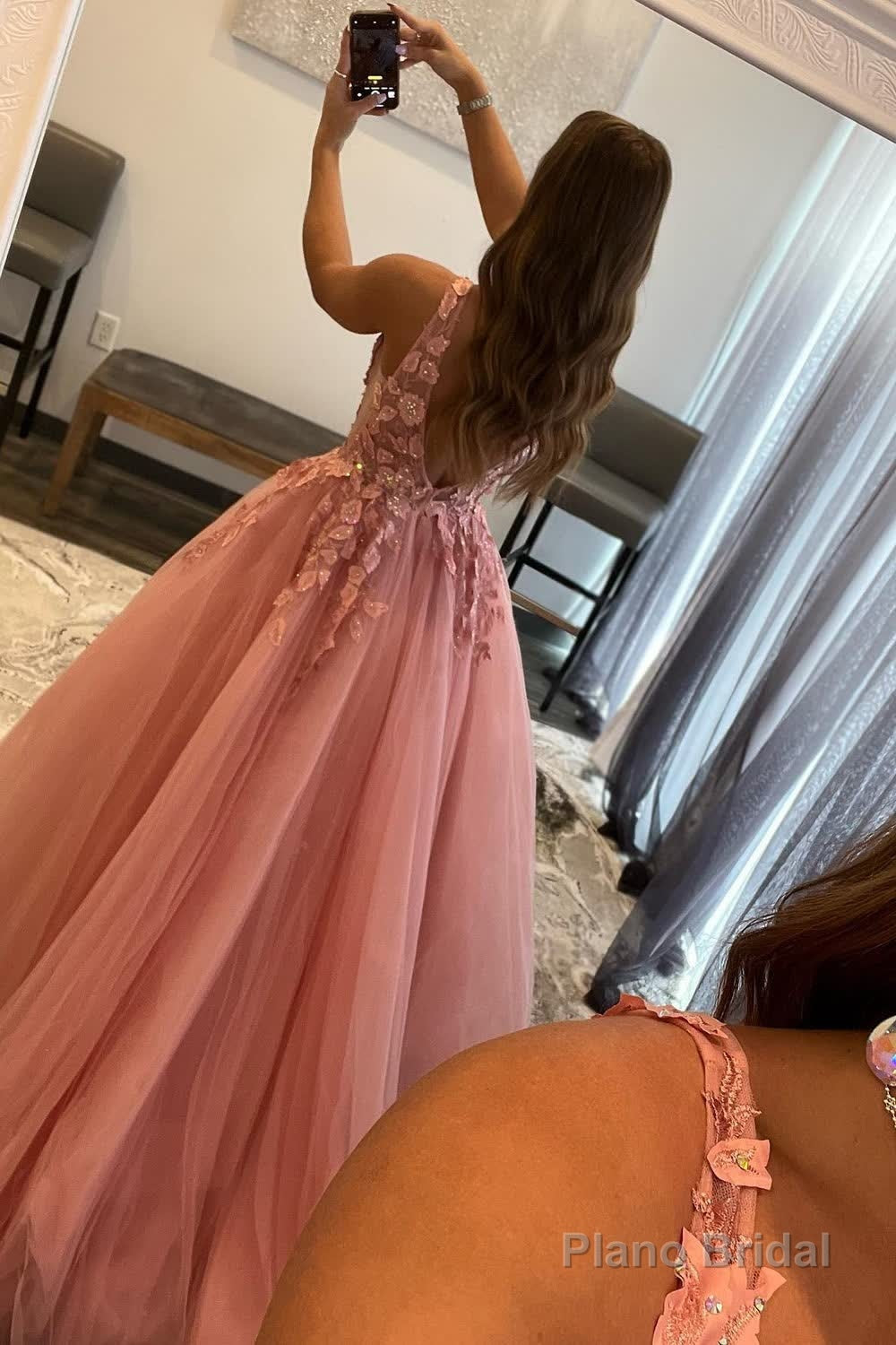 A Line V Neck Orange Prom Dress with Appliques
