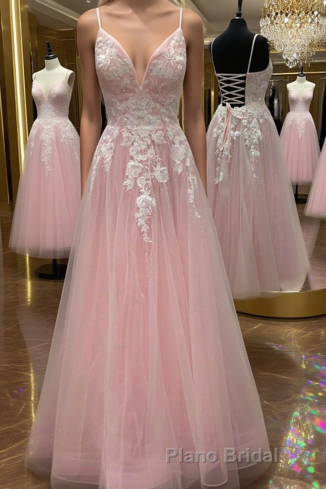 A Line V Neck Pink Lace Floral Long Formal Prom Dress, Pink Lace Formal Dress, Pink Evening Dress Main image