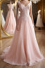 A Line V Neck Pink Lace Long Formal Prom Dresses, Pink Lace Formal Graduation Evening Dresses