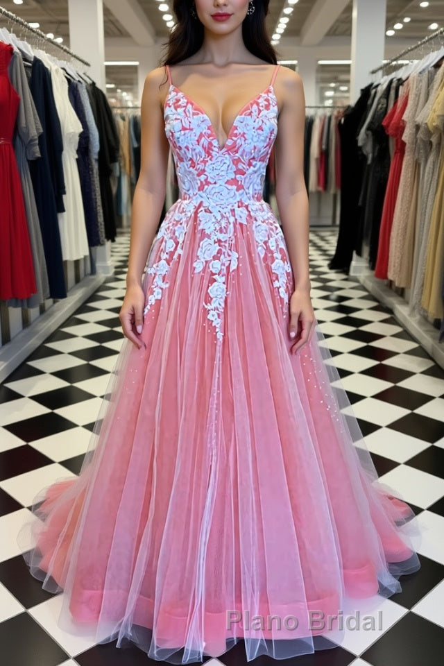 A Line V Neck Pink Long Formal Prom Dress with Lace Appliques, V Neck Pink Formal Dress, Pink Evening Dress Main image