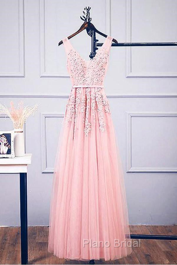A-Line V Neck Pink Tulle Lace Applique Long Formal Prom Dresses Evening Dresses