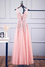A-Line V Neck Pink Tulle Lace Applique Long Formal Prom Dresses Evening Dresses