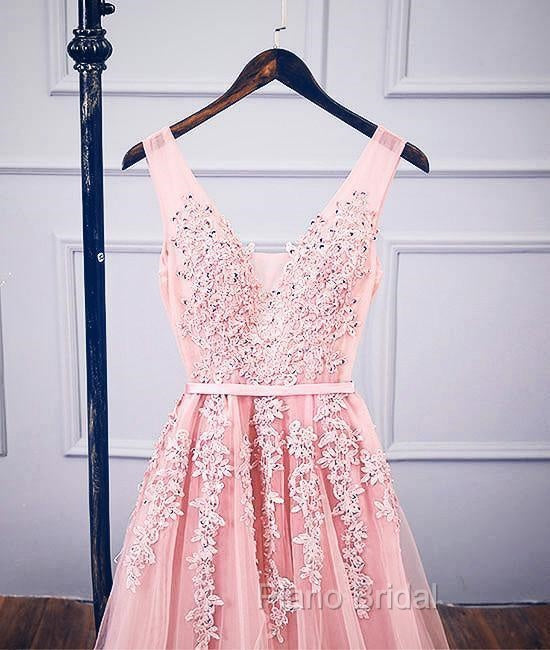 A-Line V Neck Pink Tulle Lace Applique Long Formal Prom Dresses Evening Dresses