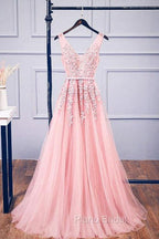 A-Line V Neck Pink Tulle Lace Applique Long Formal Prom Dresses Evening Dresses