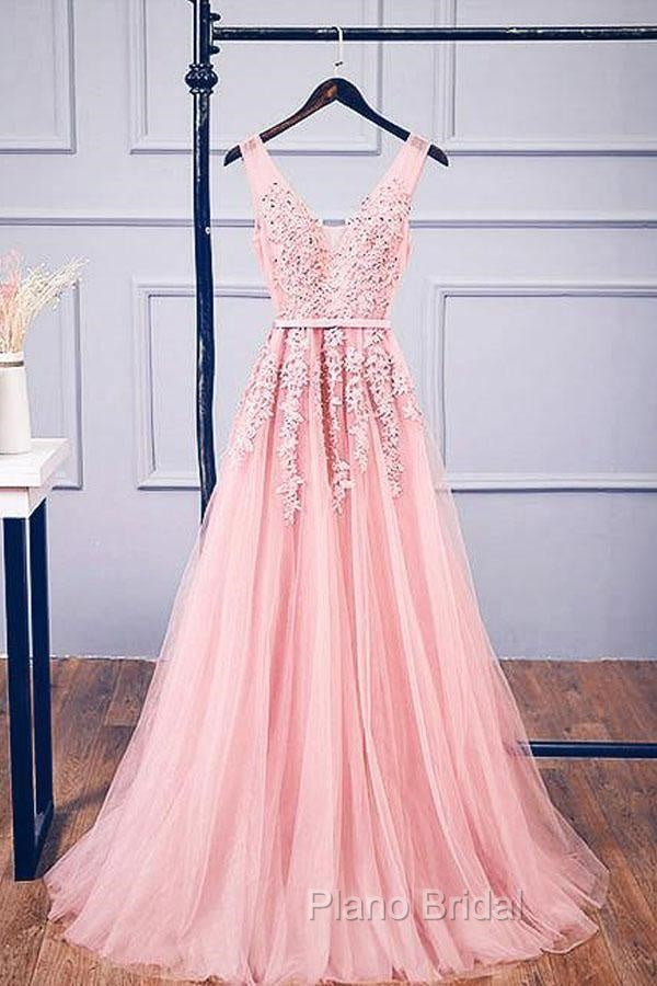 A-Line V Neck Pink Tulle Lace Applique Long Formal Prom Dresses Evening Dresses