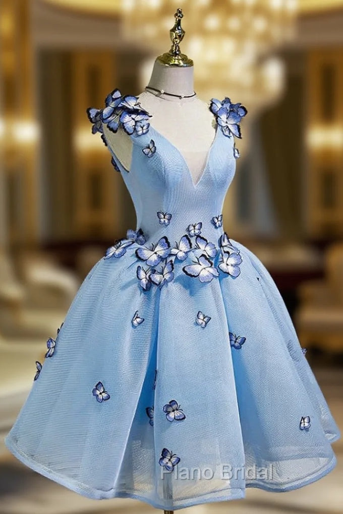 A-line V-neck Formal Prom Dresses Tulle Short Homecoming Dresses