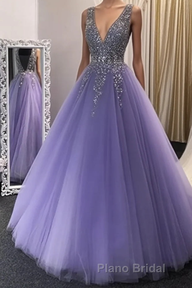 A Line V Neck Purple Beaded Long Formal Prom Dresses, Lilac Long Formal Evening Dresses with Beadings Main image