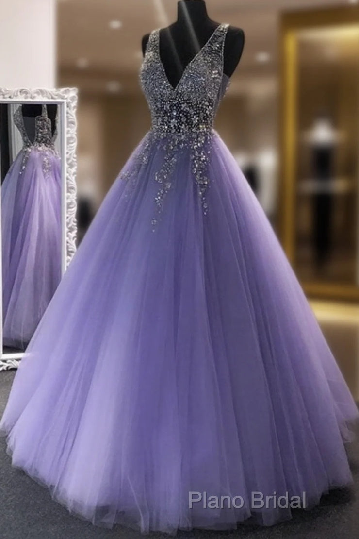 A Line V Neck Purple Beaded Long Formal Prom Dresses, V Neck Backless Purple Long Formal Dresses Main image