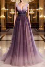 A Line V Neck Purple Ombre Formal Prom Dresses, V Neck Purple Ombre Formal Evening Bridesmaid Dresses