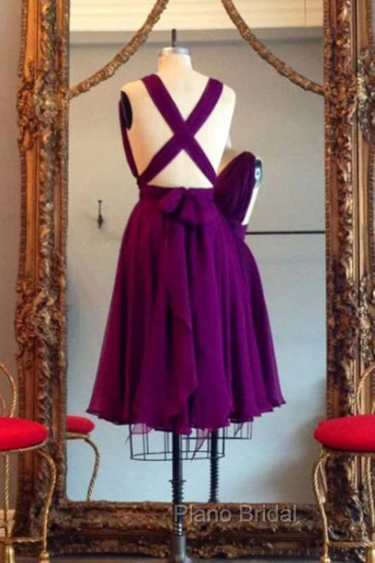 A Line V Neck Purple Sleeveless Chiffon Bridesmaid Dresses Knee Length Homecoming Dresses Secondary image