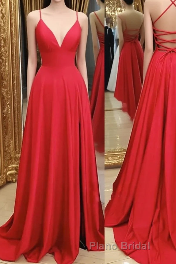 A Line V Neck Red Backless Long Formal Prom Dresses, Red A Line V Neck Open Back Formal Evening Dresses Main image