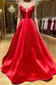 A Line V Neck Red Backless Formal Prom Dresses, Red Backless Long Formal Evening Graduation Dresses