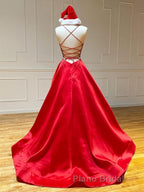A Line V Neck Red Backless Formal Prom Dresses, Red Backless Long Formal Evening Graduation Dresses
