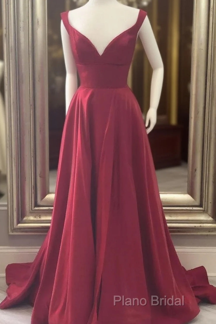A Line V Neck Red Burgundy Long Formal Prom Dresses, Off The Shoulder Red Burgundy Formal Dresses Main image