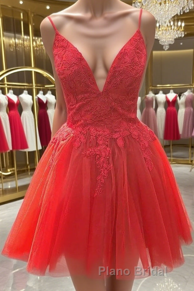 A Line V Neck Red Lace Short Formal Prom Dress, Red Lace Homecoming Dress Main image