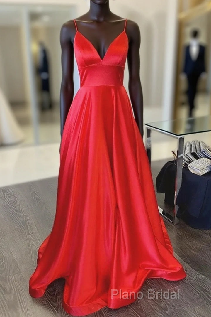 A Line V Neck Red Long Formal Prom Dresses, Red V Neck Long Formal Bridesmaid Dresses