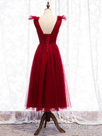 A Line V Neck Red Tea Length Formal Prom Dress with Corset Back, Red Tea Length Formal Graduation Dresses