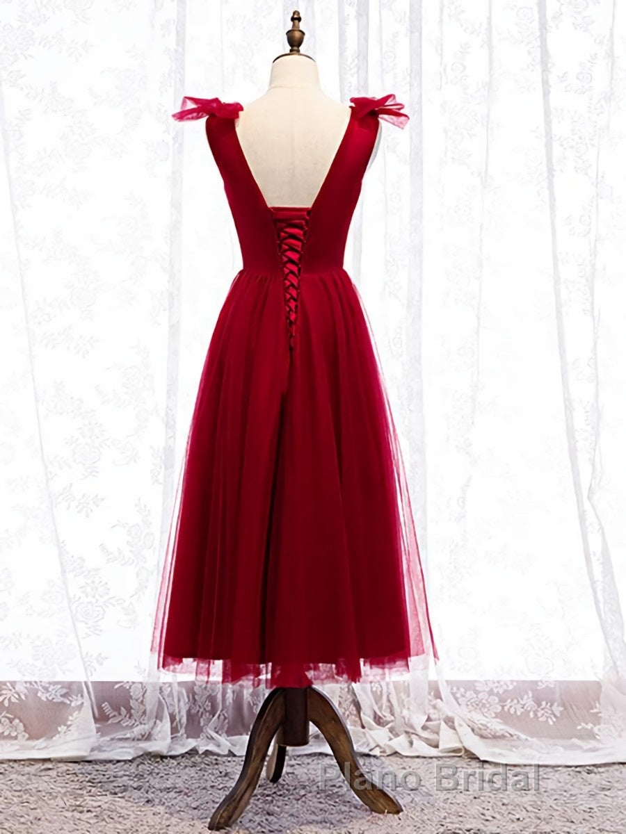 A Line V Neck Red Tea Length Formal Prom Dress with Corset Back, Red Tea Length Formal Graduation Dresses