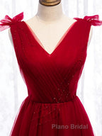 A Line V Neck Red Tea Length Formal Prom Dress with Corset Back, Red Tea Length Formal Graduation Dresses