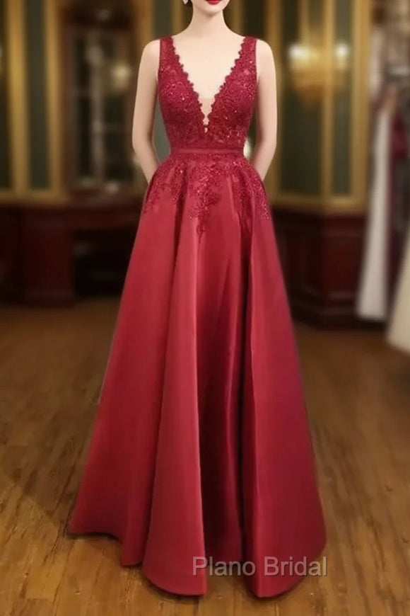 A-line V Neck Regular Straps Long/Floor-Length Satin Formal Prom Dresses With Appliqued Beading Main image