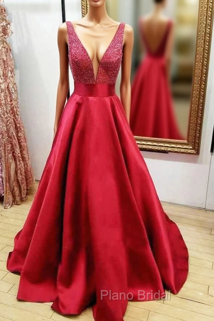 A-line V Neck Regular Straps Long/Floor-Length Satin Formal Prom Dresses With Beading Main image