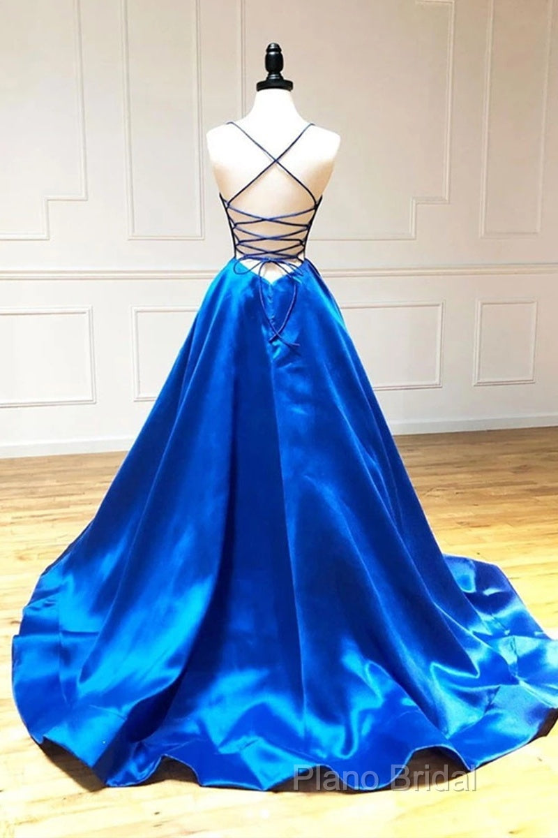 A Line V Neck Royal Blue Backless Formal Prom Dresses, Open Back Royal Blue Formal Graduation Dresses Secondary image