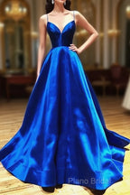 A Line V Neck Royal Blue Backless Formal Prom Dresses, Open Back Royal Blue Formal Graduation Dresses