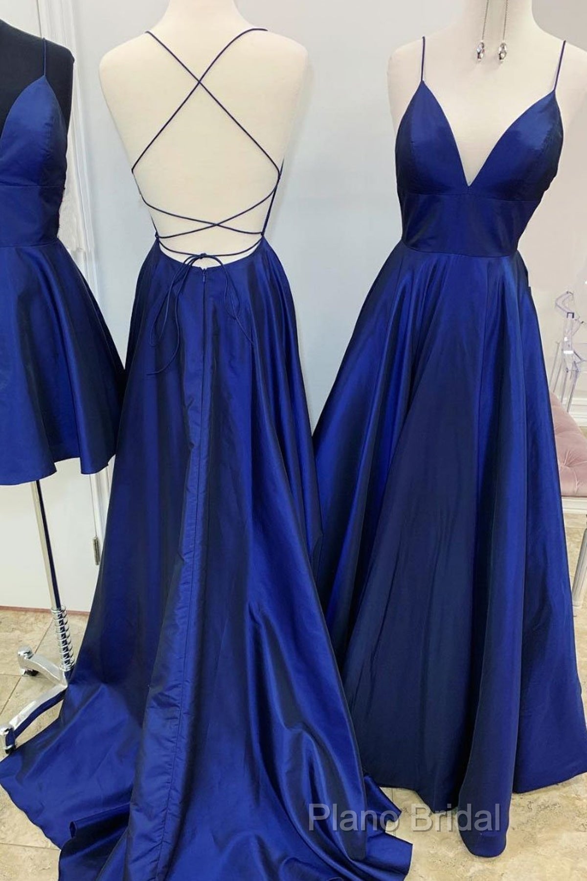 A Line V Neck Royal Blue Backless Formal Prom Dresses, Royal Blue Backless Formal Bridesmaid Dresses